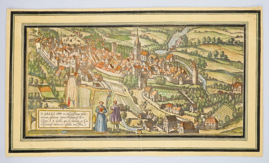 2.	Die in St.Gallen und Umgebung verarbeiteten Leinentücher liessen die Stadt im Sommer weiss erscheinen: Grossflächig wurden Leinentücher zur Bleiche ausgelegt. (Frans Hogenberg, Gesamtansicht der Stadt St.Gallen, 1572, VadSlg GS f 1 A/2A)