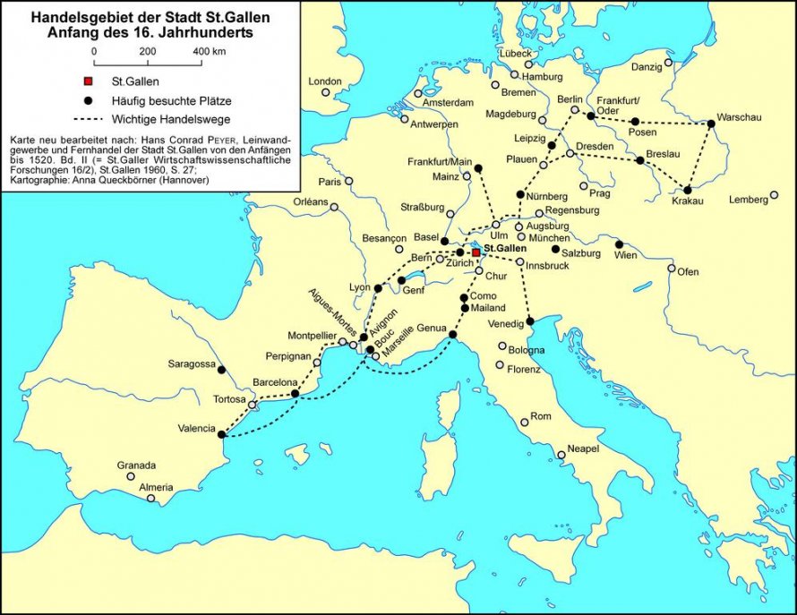 Das Handelsgebiet der Reichsstadt St.Gallen erstreckte sich Ende des 15. und zu Beginn des 16. Jahrhunderts über weite Teile Europas. 